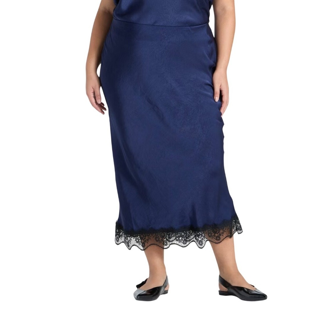A New Day Women's Navy Blue Lace Trim Satin Slip Midi Skirt Size XXL